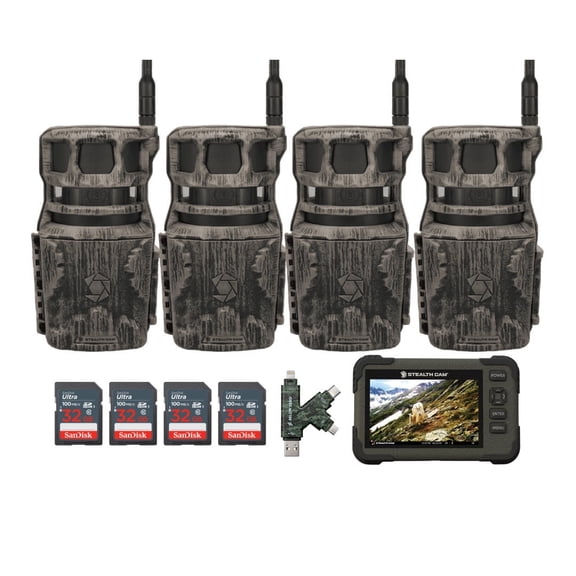 Stealth Cam Revolver 40MP Pro 360 Degree Cellular Trail Camera (4-Pack) Bundle with SD Card Reader-Viewer (4-Pack), 32GB SDHC Memory Card (4-Pack), and Hi-Speed SD USB 2.0 Card Reader