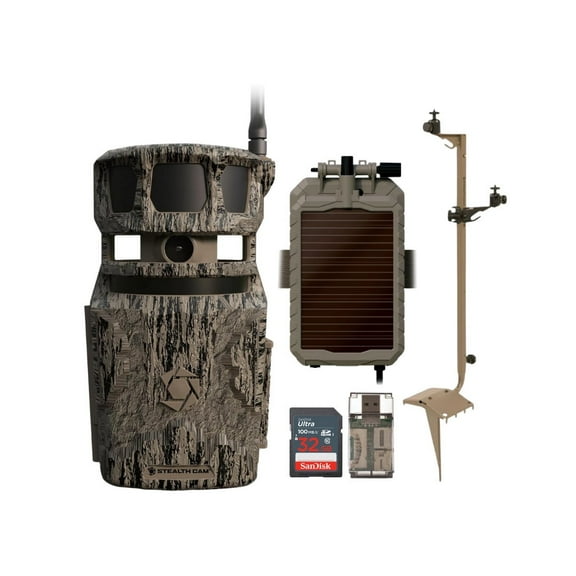 Stealth Cam Revolver 40MP Pro 360-Degree Cellular Trail Camera Bundle with Adjustable Multi-Pivot Mounting Post, Solar Power Panel, 32GB Ultra SDHC UHS-I Memory Card, and SD Card Reader (5 Items)