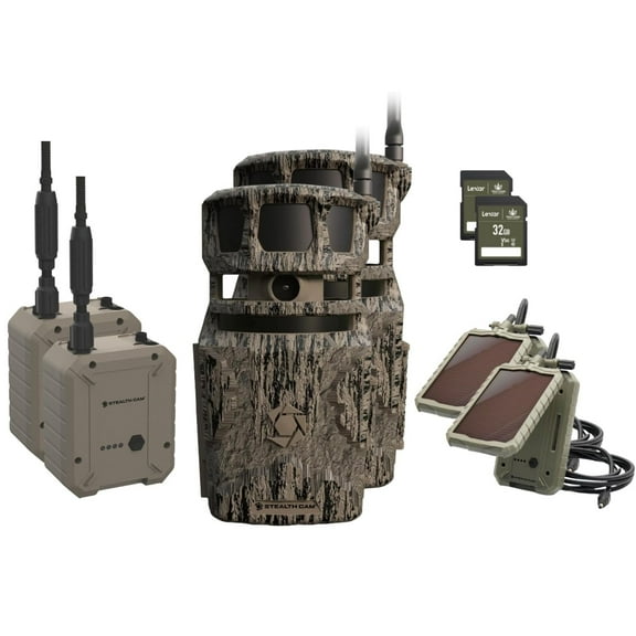 Stealth Cam Revolver PRO 40MP Photo 1440P at 30 FPS QHD Video 0.4 Sec Trigger Speed 360-Degree Panoramic View Built-in GPS Cellular Trail Camera, External Battery, Solar Panel, 32GB SD Card 2PK