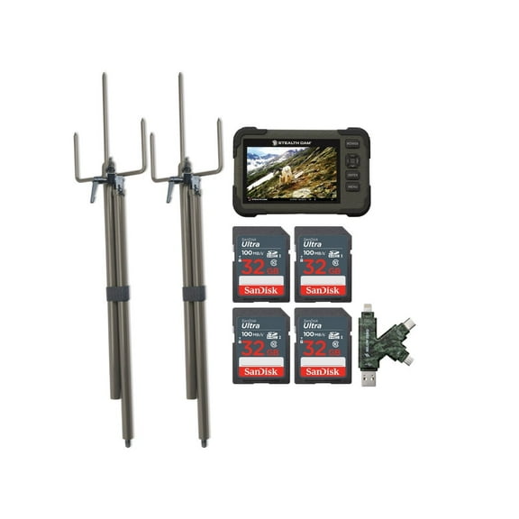 Stealth Cam SD Card Reader and Viewer with 4.3-Inch LCD Touchscreen and Touch Detection (2-Pack) Bundle with Trail Camera Mount Stick (2-Pack), 32GB Memory Card (4-Pack), and Card Reader (9 Items)