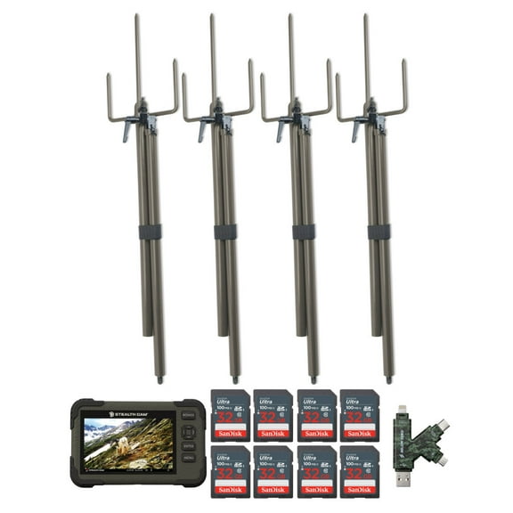Stealth Cam SD Card Reader and Viewer with 4.3-Inch LCD Touchscreen and Touch Detection (4-Pack) Bundle with Trail Camera Mount Stick (4-Pack), 32GB Memory Card (8-Pack), and Card Reader (17 Items)