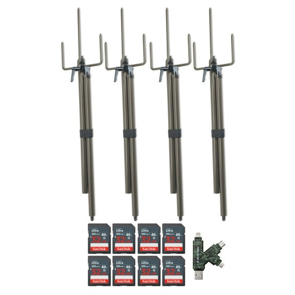 Stealth Cam Trail Camera Mount Stick (4-Pack) Bundle with 32GB Ultra SDHC UHS-I Memory Card (8-Pack) and Hi-Speed SD USB 2.0 Card Reader (13 Items)
