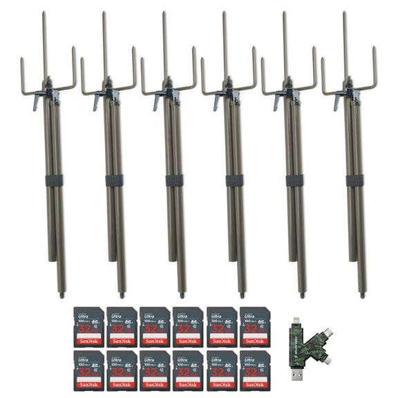 Stealth Cam Trail Camera Mount Stick (6-Pack) Bundle with 32GB Ultra SDHC UHS-I Memory Card (12-Pack) and Hi-Speed SD USB 2.0 Card Reader (19 Items)