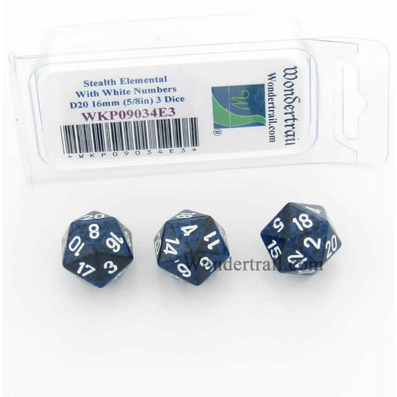 Stealth Elemental Dice with White Numbers D20 16mm (5/8in) Pack of 3 Wondertrail