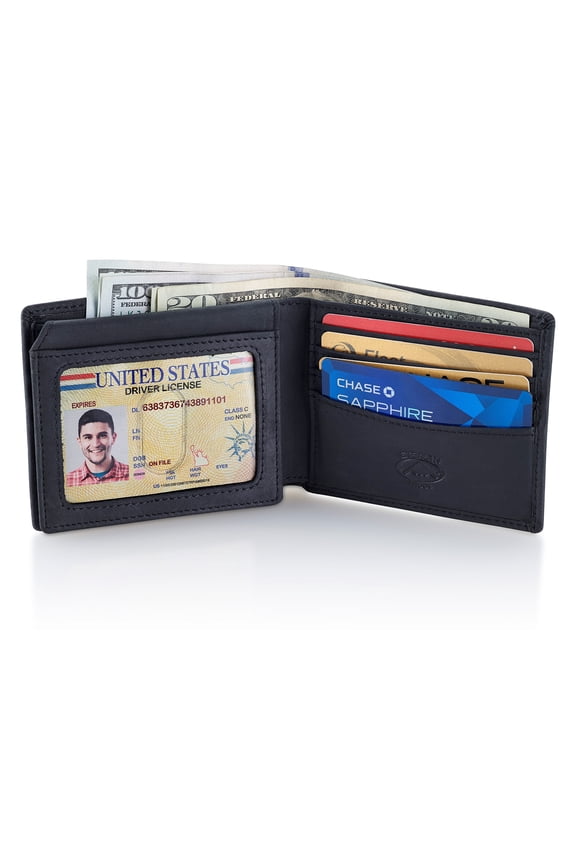 Leather Bifold Wallet for Men With ID Window and RFID Blocking (Black)