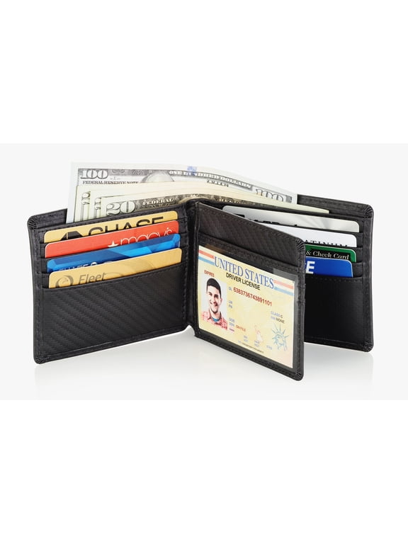 Leather Bifold Wallet for Men With ID Window and RFID Blocking (Carbon Fiber)