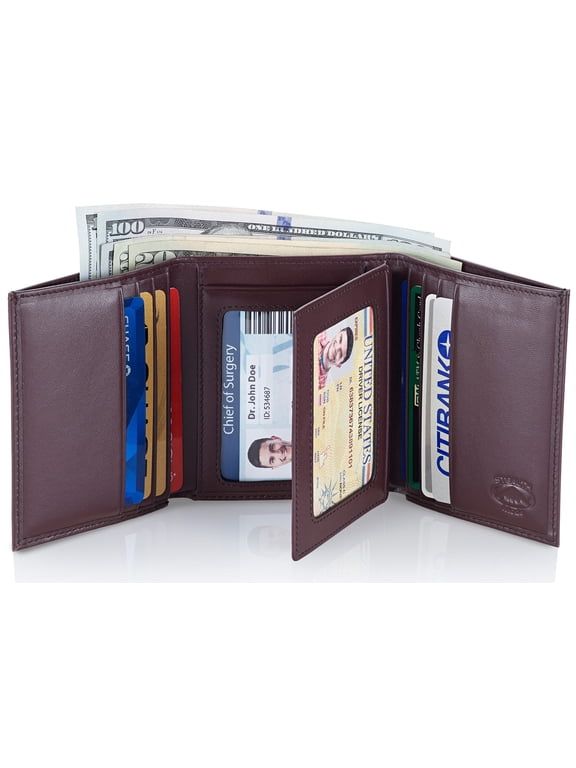 Leather Trifold RFID Wallet For Men With Flip Out ID Holder (Brown)