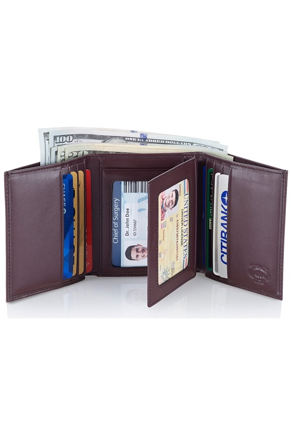 Leather Trifold RFID Wallet For Men With Flip Out ID Holder (Brown)