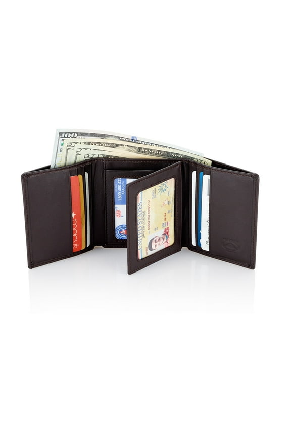Leather Trifold RFID Wallet For Men With Flip Out ID Holder (Coffee)