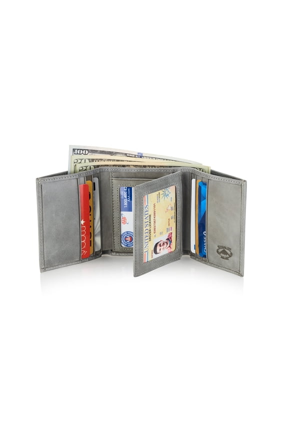 Leather Trifold RFID Wallet For Men With Flip Out ID Holder (Grey)