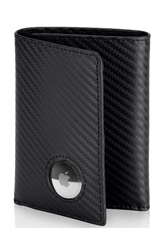 Men's Leather Trifold Wallet with Airtag Holder and RFID Blocking (Carbon Fiber) A101