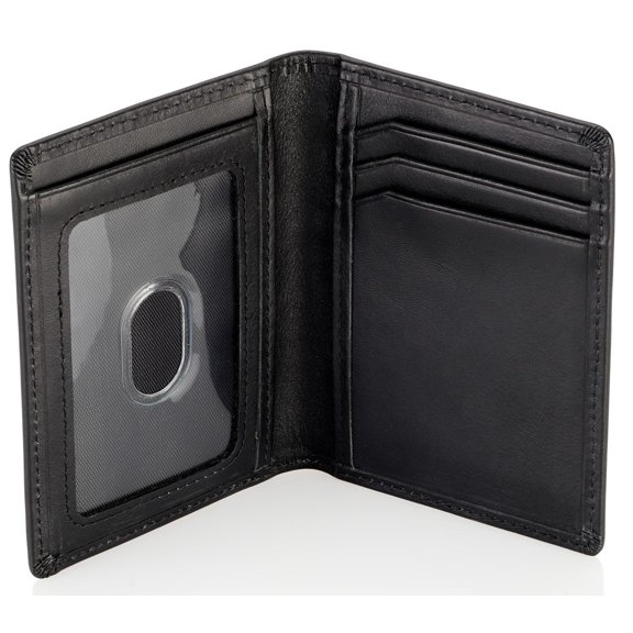 Stealth Mode Men's Slim Front Pocket Wallet - RFID Thin Minimalist Bifold Design, Genuine Leather - ID Badge Window and 5 Sleeves for Money, Credit and Debit Cards, Driver's License - Black Y101