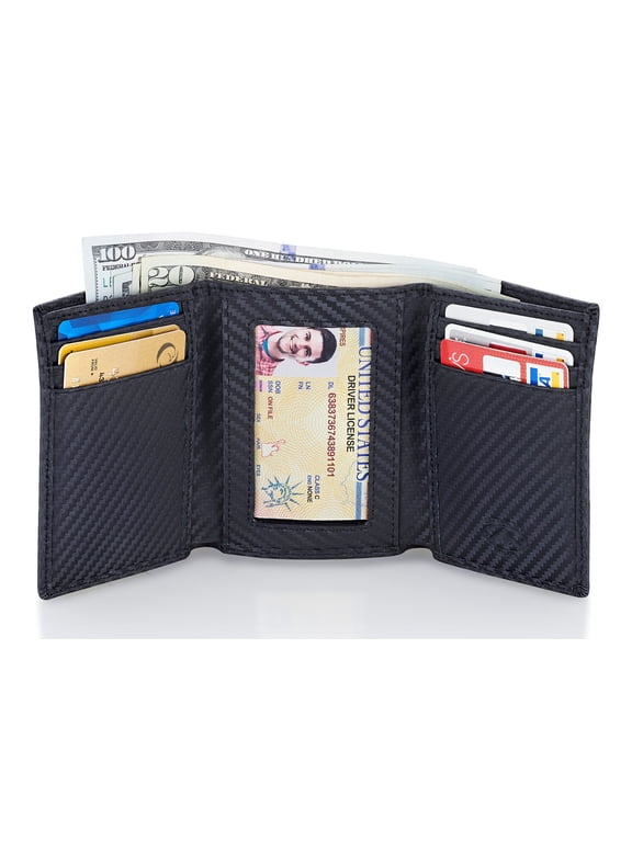 Trifold Leather Wallet for Men with RFID Blocking (Carbon Fiber)