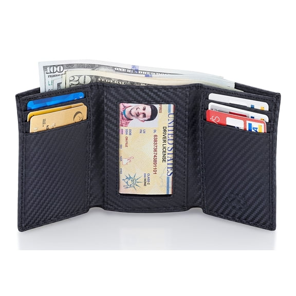 Stealth Mode Trifold Leather Wallet for Men with RFID Blocking (Carbon Fiber)