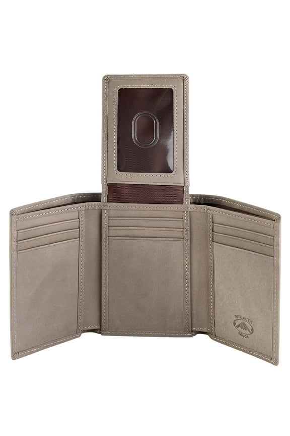 Trifold Wallet - RFID Blocking Wallet with Flip ID Holder - Leather Case for Money, Credit Cards - Mens Organizer, Divided Billfold, Identity Protection - Men's Gifts (Grey) A101