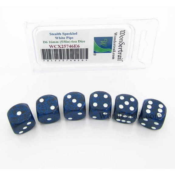 Stealth Speckled Dice with White Pips D6 16mm (5/8in) Pack of 6 Wondertrail