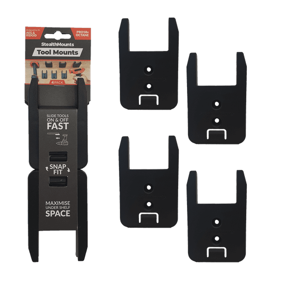 StealthMounts Tool Mounts Compatible with Ridgid/AEG 18v, Black, 4 per Pack, Tool Organizer.