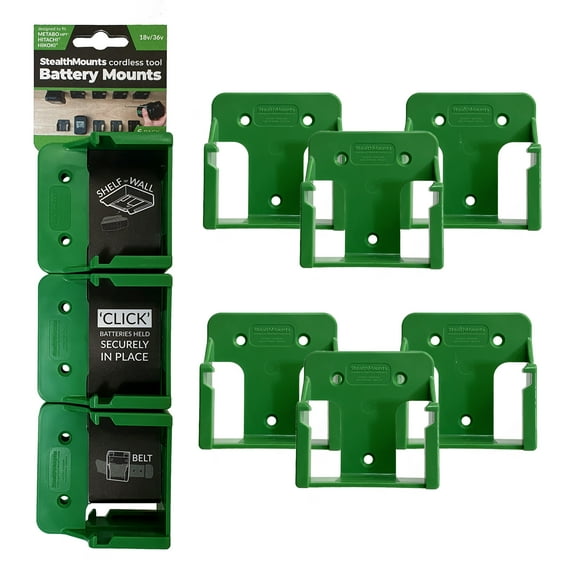 Stealthmounts Green Battery Mount for Metabo HPT, Hitachi, Hikoki 18v, 36v Batteries 6 Pack. Fits Multivolt Batteries
