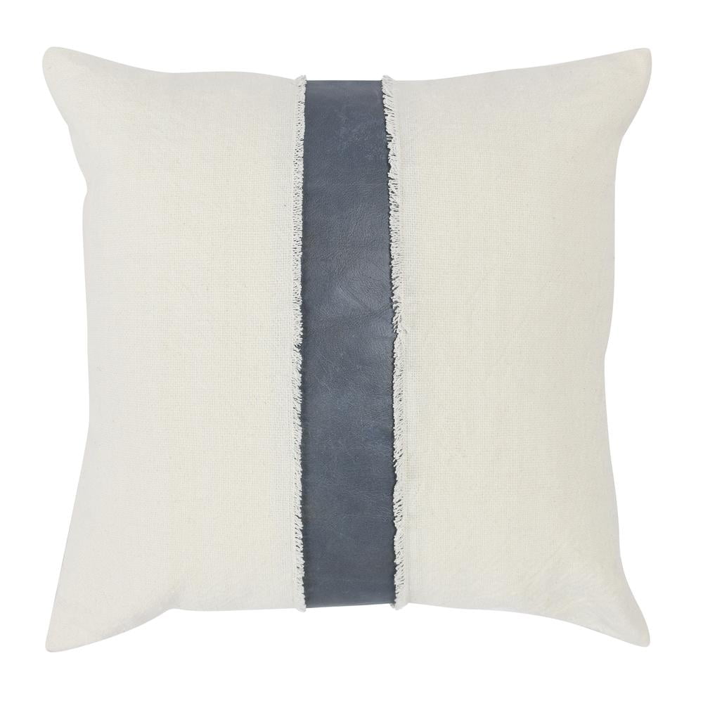 Ivory and Blue 26" Square Linen Cotton Leather Throw Pillow