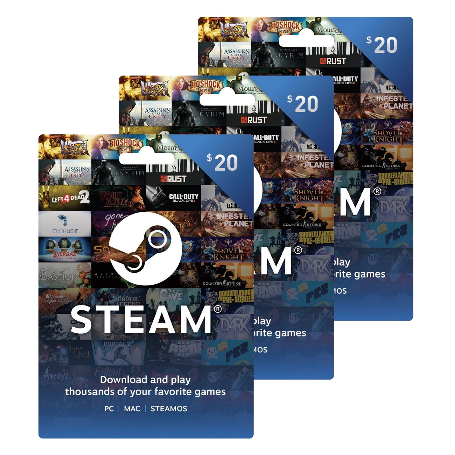 Steam $60.00 Physical Gift Cards (3 pack of $20.00 Cards), Valve