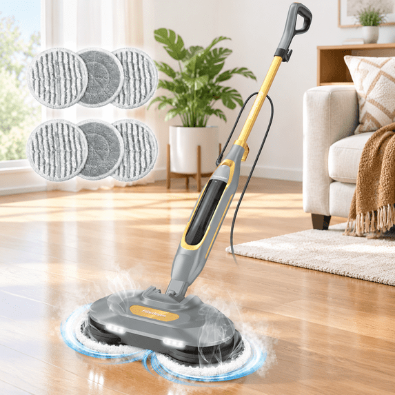 Steam And Scrub Mop with Dual Rotating Pads, LED Headlights, 4 Cleaning ...