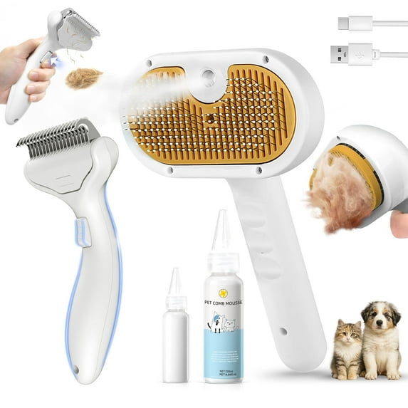3-in-1 Pet Steam Brush Set for Dogs & Cats, Grooming Comb with Spray, Defur Tool, Water-Assisted Hair Removal, Spritz Brush, Multi-Purpose Kit, Undercoat Rake, Deshedding Brushes, Dematting Brush.