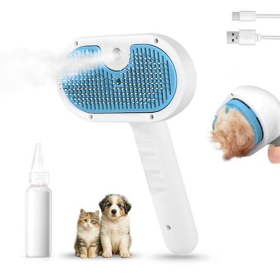 Pet Steam Brush for Dog & Cat - 3-in-1 Steam Grooming Brush for Shedding & Hair Removal - Self Cleaning Spray Comb with Mist for Long Haired Pets, Blue