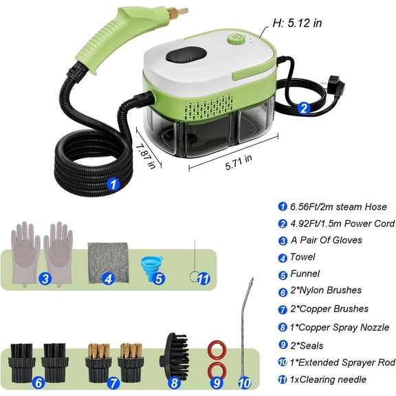 Steam Cleaner, 15s Heat-Up, 1.4L Tank, Steamer for Cleaning with 10 pcs Accessories, Multi-2500W High Temperature and Pressure handheld steamer, Steam Clea (1-Green)