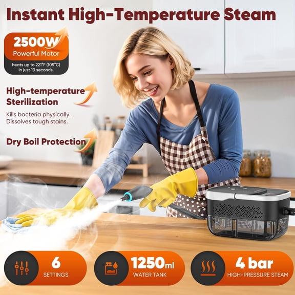 Steam Cleaner, 2500W Pressurized Heavy Duty Handheld Steamer with 1.32QT Tank & 10 Attachments – for Kitchen, Bathroom, Car, Floors, Tile, Furniture, Couch, Windows (Black/White)
