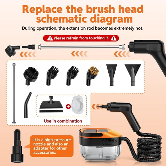 Steam Cleaner for Home & Car-2500W Portable Handheld Steamer with 3-Level Handle, 15s Heat-, Large , 16 Accessories