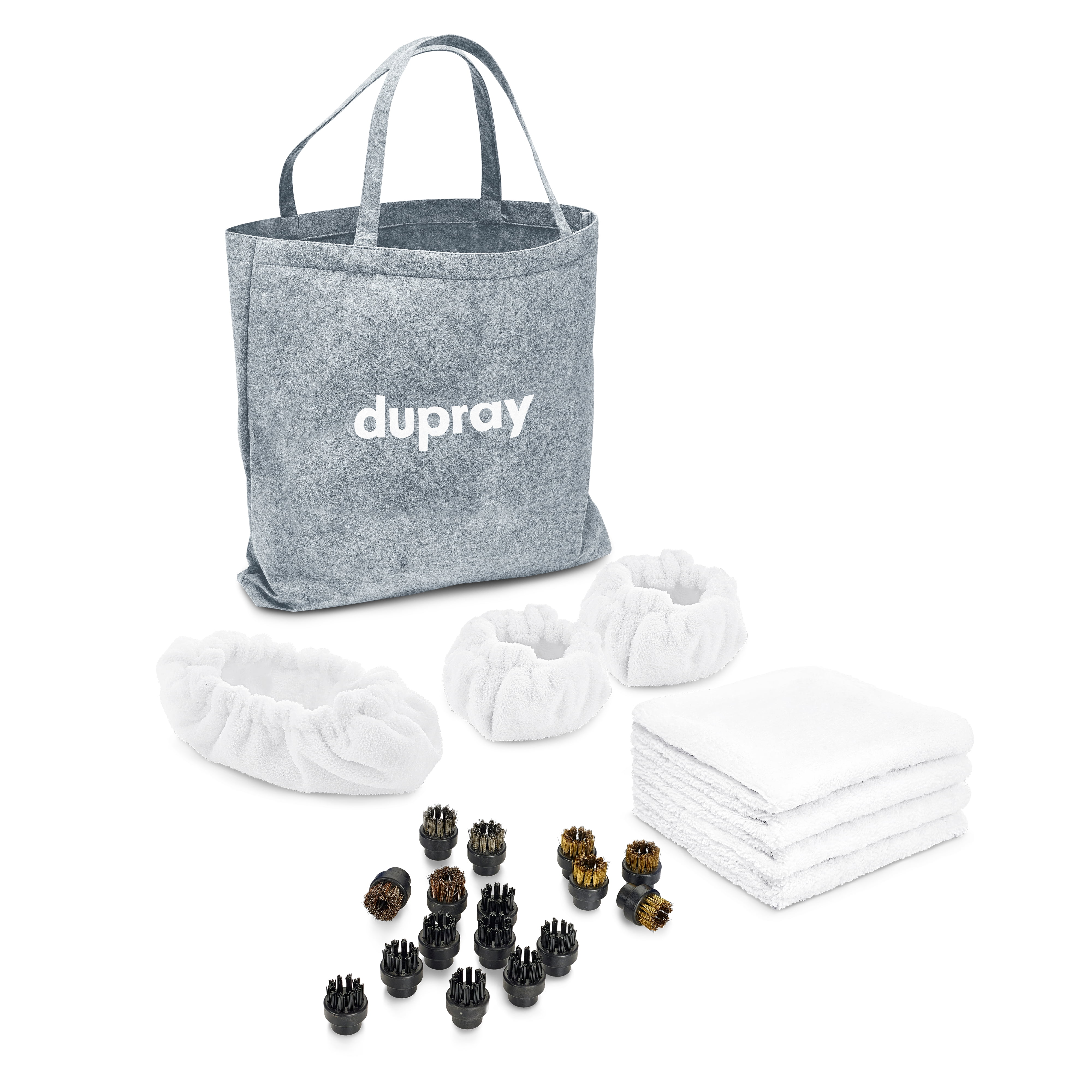 Steam Cleaning Pack Pro™ by Dupray. This popular pack includes all the essentials for steam cleaning: small brushes, micro-fiber cloths, and more in a felt accessory bag.