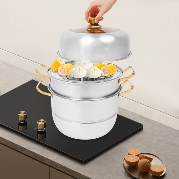 Steam Cooker, Silver+Gold Stainless Steel Steam Cooker, 3-tier Steam Cooker
