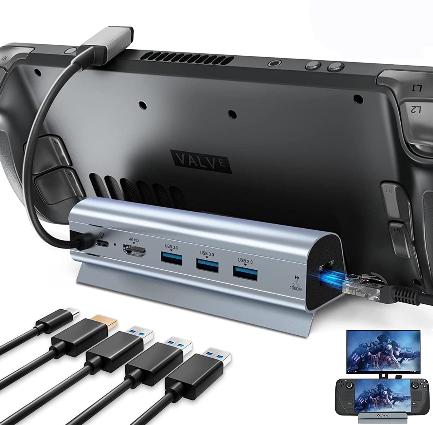Steam Deck Dock,Aluminum Alloy 6-in-1 Docking Station with  2.0 Upgraded 4K@60Hz, Gigabit Ethernet, 3 USB 3.0 Port and USB-C PD Port, Steam Deck Accessories for Valve Stream Deck