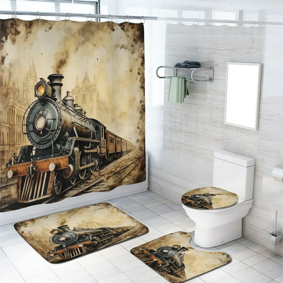 Steam Engine 4 Pcs Shower Curtain Set Antique Old Iron Train Aged Design Industrial Theme with 12 Hooks, Bath Mat Set Bathroom Decor by Durable Waterproof Fabric, 72x72 Inch