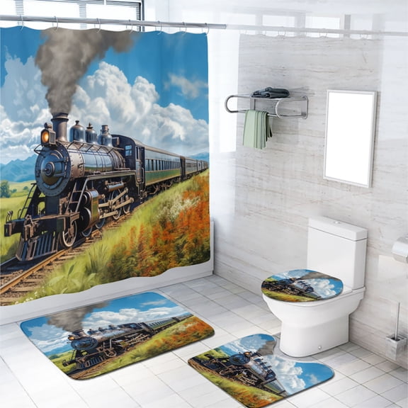 Steam Engine 4 Pieces Shower Curtain Set with Non-Slip Rug Rustic Old Train Countryside Scenery with Toilet Lid Cover, Bath Mat, Shower Curtains for Bathroom Rug Set, 72x72 Inch