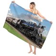 Steam Engine Beach Towel,Green Grass Puff Train Picture,Beach Blanket