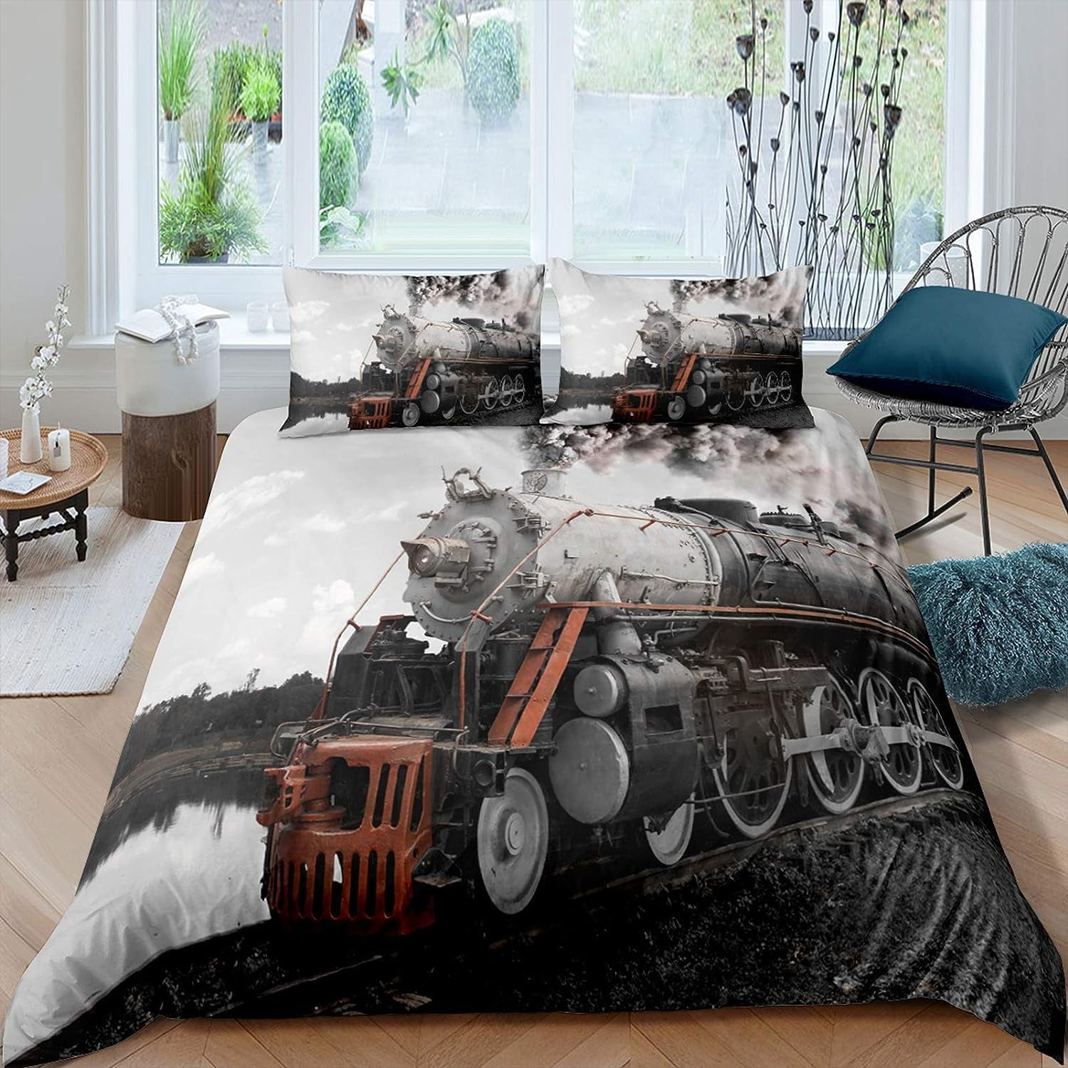Steam Engine Comforter Set 3 PCS Old Steam Train Country Scenery