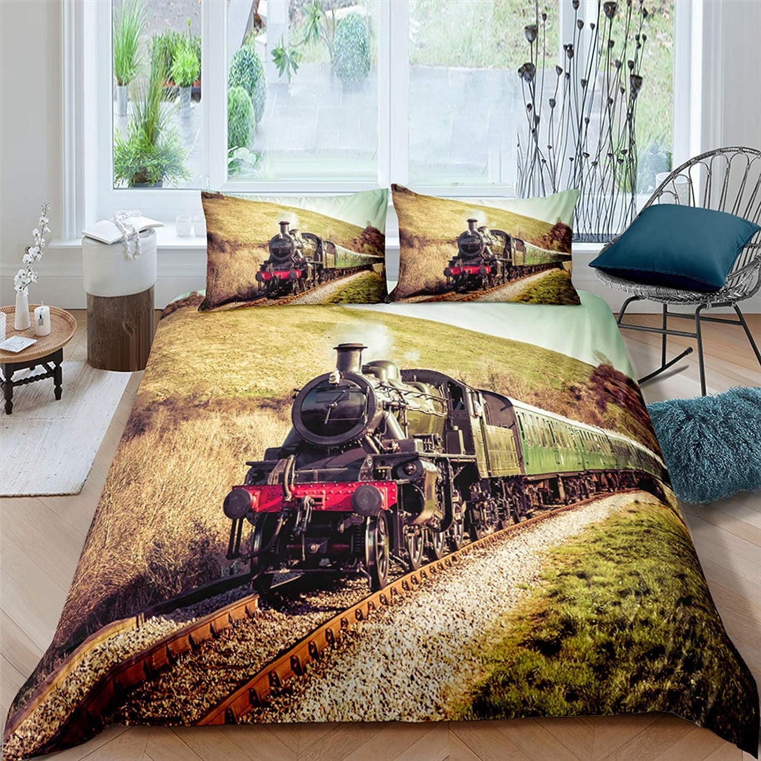 Steam Engine Comforter Set 3 PCS Old Steam Train Country Scenery
