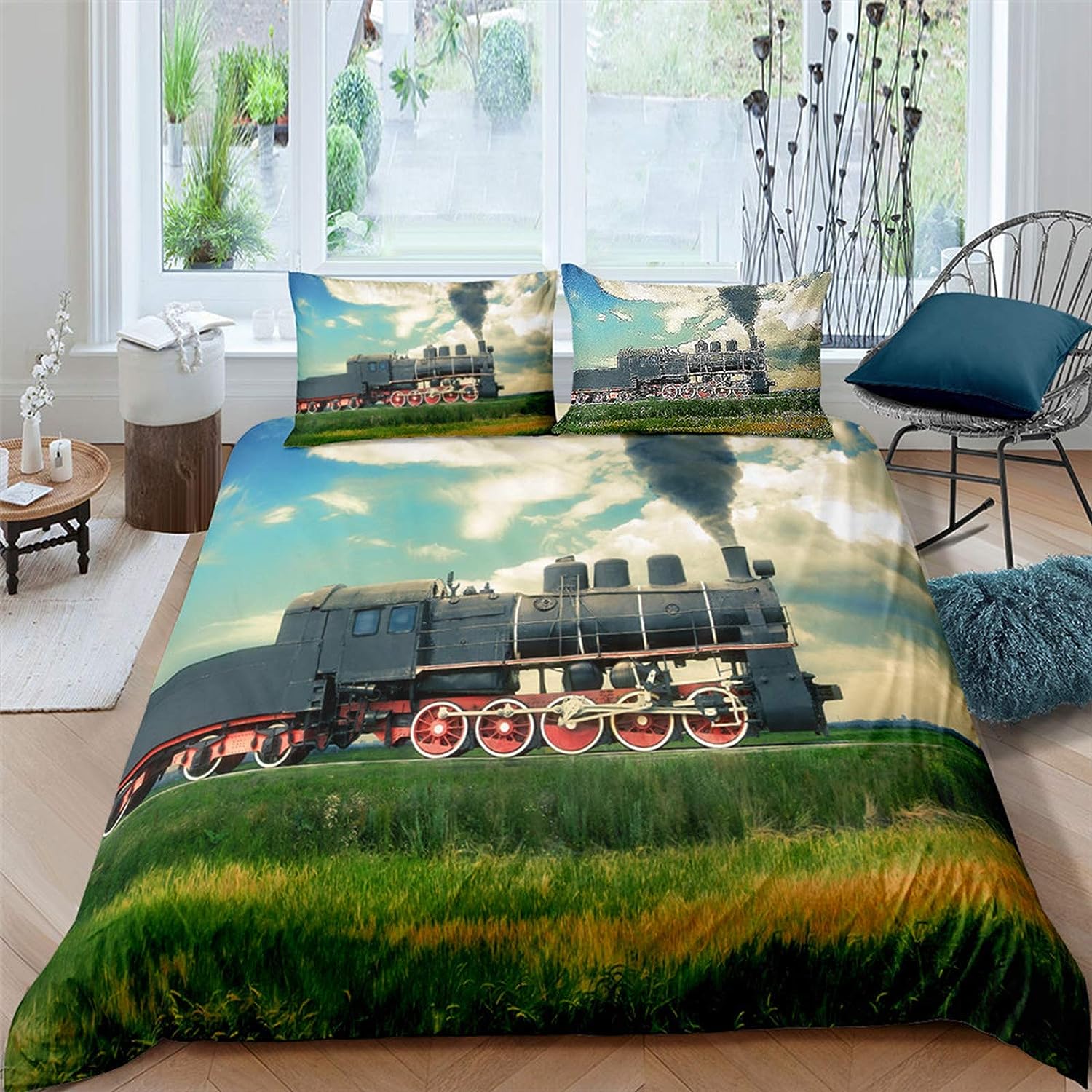 Steam Engine Comforter Set 3 PCS Old Steam Train Country Scenery