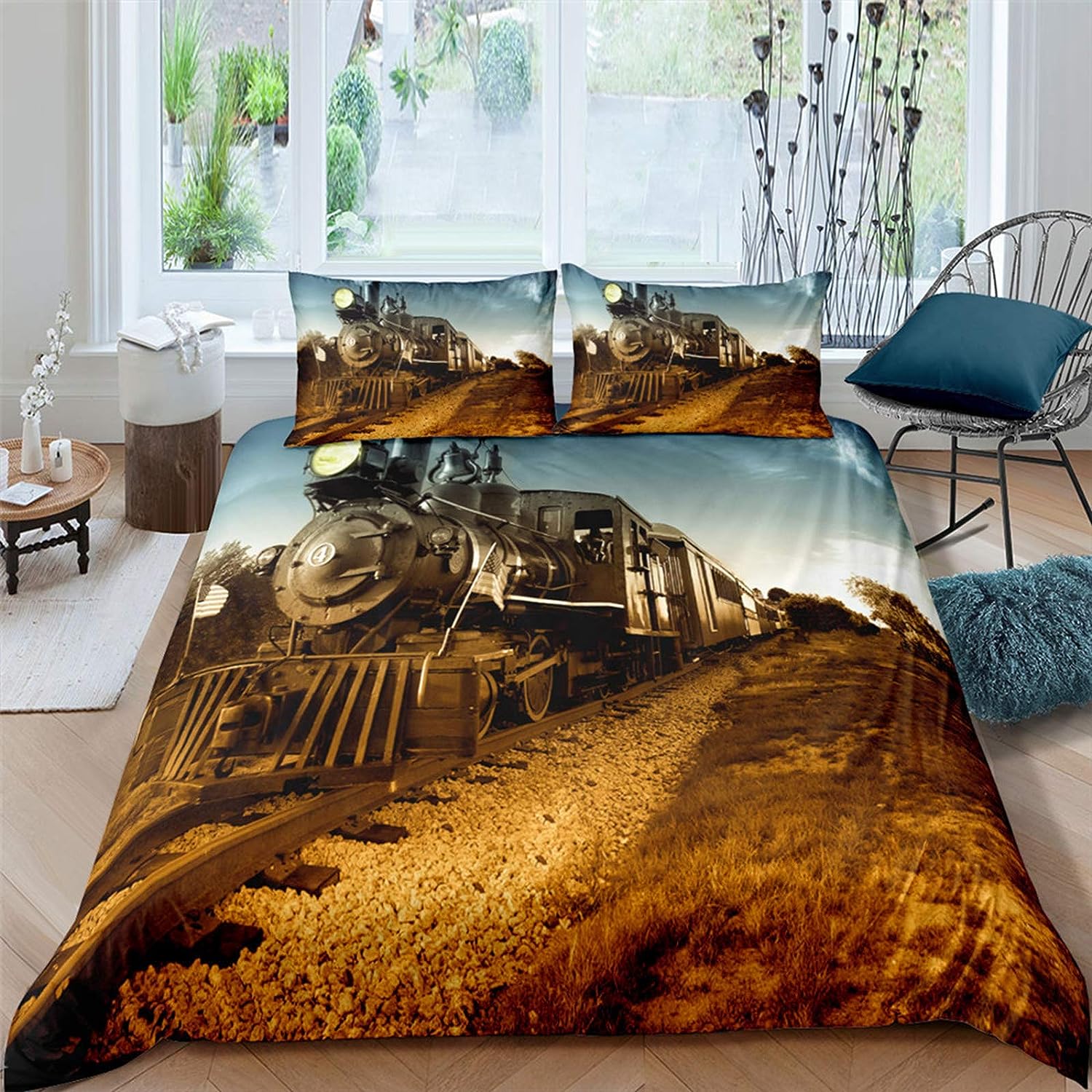 Steam Engine Comforter Set 3 PCS Old Steam Train Country Scenery