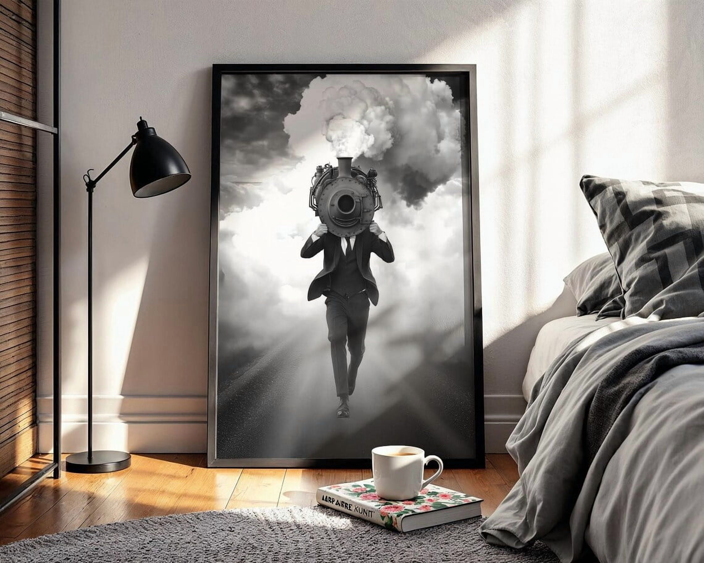 Steam Engine Dreamscape Poster Wall Art, Moody Black And White ...