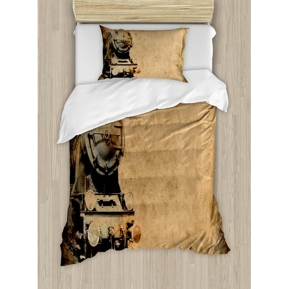 Steam Engine Duvet Cover Set, Antique Old Iron Train Aged Sepia Grunge Style Design Industrial Theme Print, Decorative 2 Piece Bedding Set with 1 Pillow Shams, Twin Size, Brown, by Ambesonne