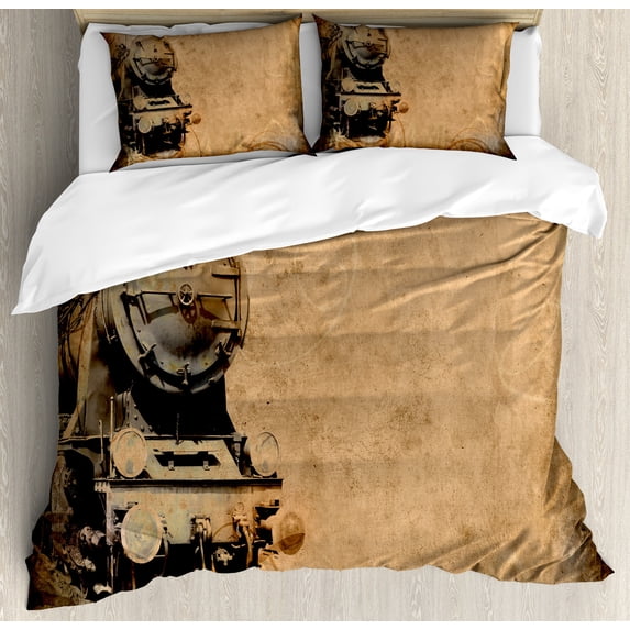 Steam Engine Duvet Cover Set, Antique Old Iron Train Aged Sepia Grunge Style Design Industrial Theme Print, Decorative 3 Piece Bedding Set with 2 Pillow Shams, Queen Size, Brown, by Ambesonne