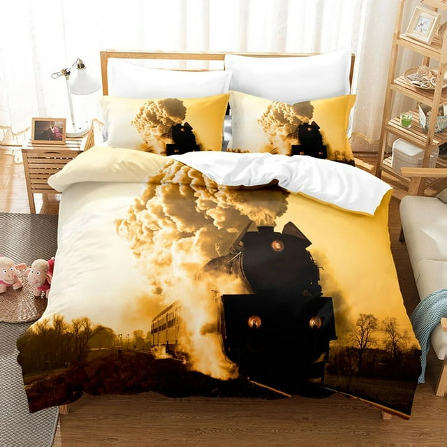 Steam Engine Duvet Cover Set Black Smoke Vintage Picture