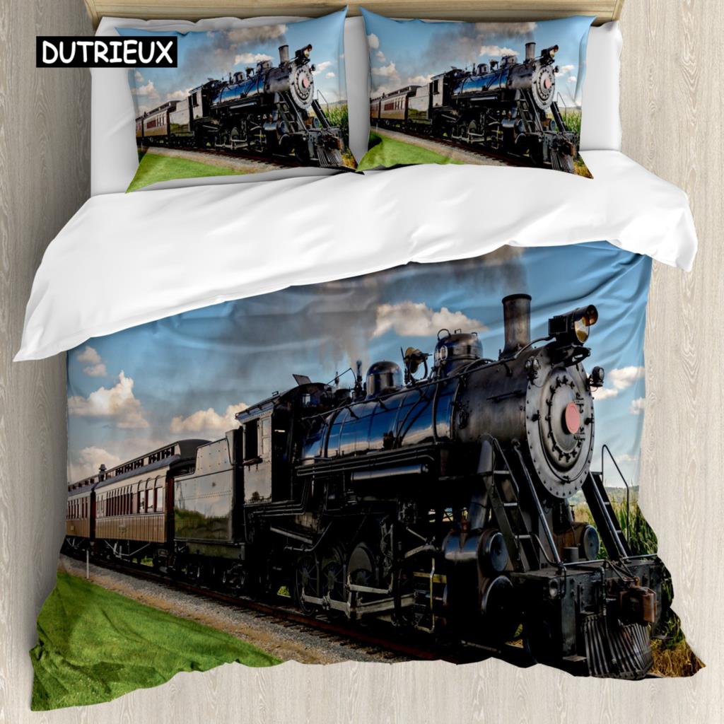 Steam Engine Duvet Cover Set King Size Rustic Old In Country