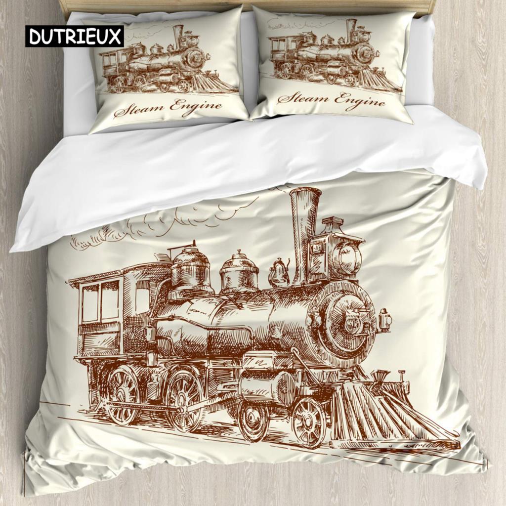 Steam Engine Duvet Cover Set King Size Rustic Old In Country