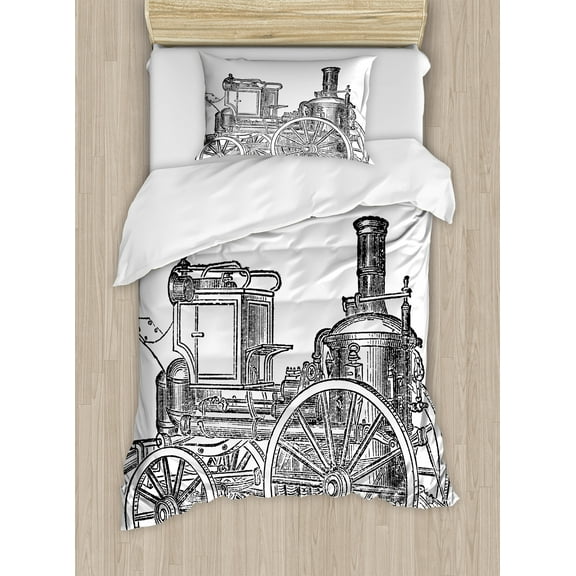 Steam Engine Duvet Cover Set, Old Fireman Truck Drawing Effect Picture British Antique Transport, Decorative 2 Piece Bedding Set with 1 Pillow Shams, Twin Size, Charcoal Grey White, by Ambesonne