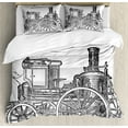 thumbnail image 1 of Steam Engine Duvet Cover Set, Old Fireman Truck Drawing Effect Picture British Antique Transport, Decorative 3 Piece Bedding Set with 2 Pillow Shams, King Size, Charcoal Grey White, by Ambesonne, 1 of 3
