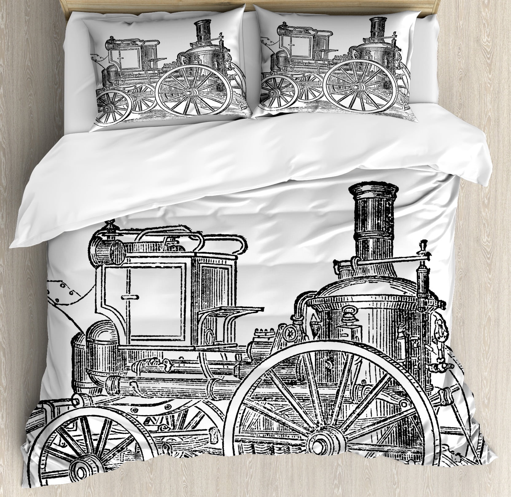 Steam Engine Duvet Cover Set, Old Fireman Truck Drawing Effect Picture