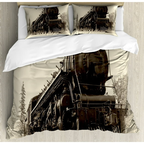 Steam Engine Duvet Cover Set Queen Size, Antique Northern Express Train Canada Railways Photo Freight Machine Print, Decorative 3 Piece Bedding Set with 2 Pillow Shams, Black Grey, by Ambesonne